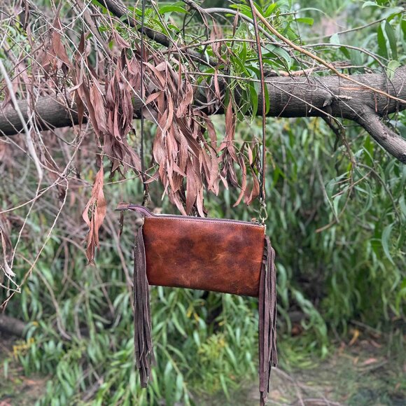 Ladies Genuine Leather Hair-on Tooled Bag Western Handbag with Fringes - Picture 2 of 7